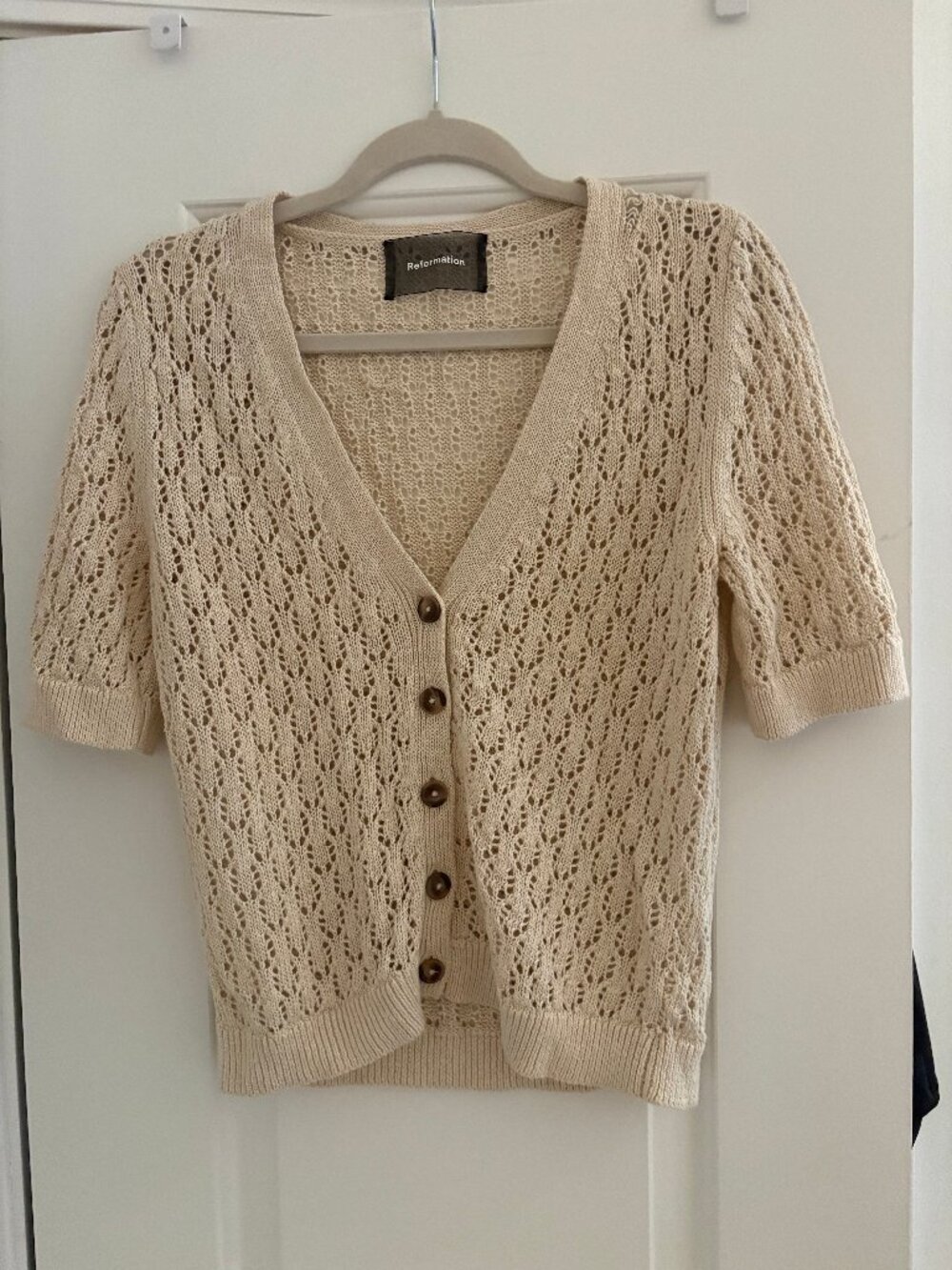 Reformation 100% Cream Ppen-Knit CardiganLinen Sweater (Medium)